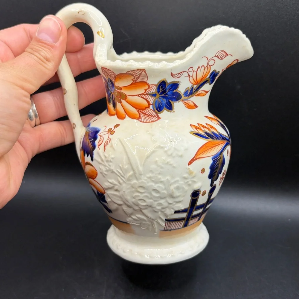 Antique Hand Painted Imari Imariware Ceramic Floral Flower Bouquet Pitcher Jug